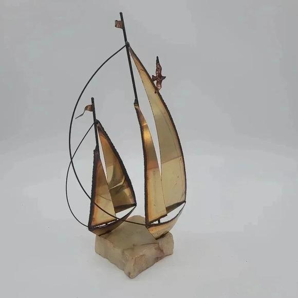 VTG Brass Sailboat Metal Sculpture MCM Nautical Statue Signed Mario Jason - Picture 3 of 11